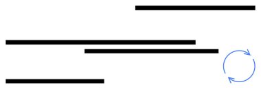 Mavi dairesel bir ok döngüsünün yanında değişik uzunluktaki siyah yatay çizgiler. İş akışı, süreç, tekrarlama, süreklilik, minimalizm, döngü ve hareket kavramları için idealdir. Düz basit metafor