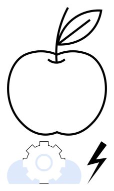 Apple, yenilik, enerji, teknoloji, mekanik, yaratıcılık, doğa ve gelişimi simgeleyen bir dişli ve şimşeğin üzerinde yer alır. Bilim için ideal, sürdürülebilirlik ve düz basit metafor