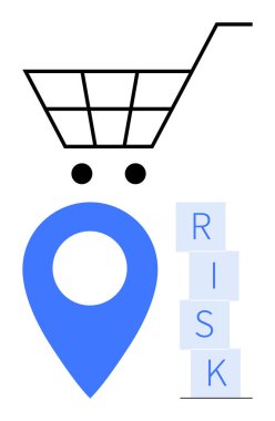 İnternet alışveriş risklerini, dağıtım sorunlarını ve piyasa kararlarını sembolize etmek için yerleştirilmiş RISK bloklarıyla dolu lokasyon broşürünün üstündeki alışveriş arabası. E-ticaret, lojistik, risk analizi ve dijital için ideal