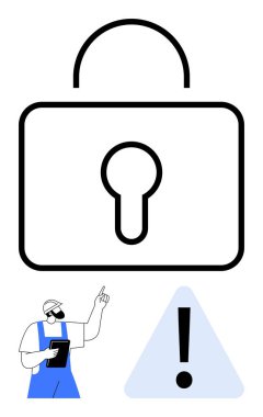 Büyük ölçekli asma kilit güvenliği simgeler, pano işaretli işçiler ünlem işaretli üçgen uyarıyı gösterir. Siber güvenlik, güvenlik, uyum, risk yönetimi, işyeri eğitimi için ideal