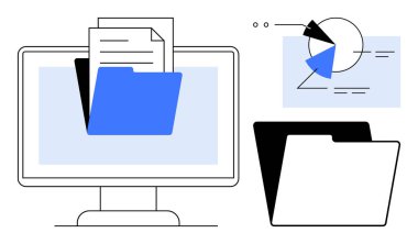 Dosya, grafik ve açık klasörlerin yanı sıra, bir monitörde gösterilen klasör tutma belgeleri. Organizasyon, veri analizi, iş akışı, dosya paylaşımı, üretkenlik lojistiği için ideal basit