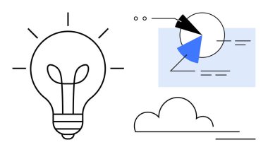 Fikirleri temsil eden ampul, analitik gösteren pasta grafiği ve depolamayı veya ağ oluşturmayı sembolize eden bulut. Yenilik, strateji, yaratıcılık, teknoloji, beyin fırtınası planlama büyümesi için idealdir. Düz