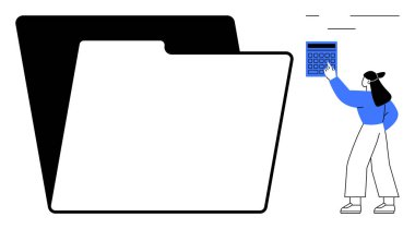 Hesap makinesini işaret eden bir kadının yanında büyük bir klasör. Belge organizasyonu, veri yönetimi, finans, bilgisayar, dijital kayıtlar, verimlilik ve bilgi depolama için ideal. Basit düz