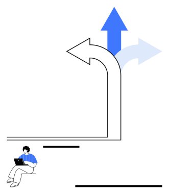 Seçimleri ve yönleri sembolize eden üç farklı okun yanına dizüstü bilgisayar yerleştirilmiş. Karar verme, strateji, planlama, kariyer yolu, büyüme, öz-yansıma, iş seyrüsefer için ideal