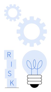 Hareket halindeki dişliler, yığılmış RISK blokları, ve stratejiyi, yeniliği ve büyümeyi temsil eden ampul. Sorun çözme, risk yönetimi, takım çalışması, yaratıcılık planlama stratejisi için ideal