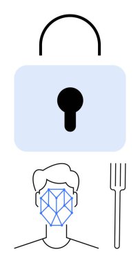 Asma kilit, yüz tanıma sistemi ve bir çatalla eşleştirilmiş biyometrik tarama ile çizilmiş bir yüzün üzerindeki güvenliği sembolize eder. Teknoloji, gizlilik, güvenlik, dijital kimlik, kimlik doğrulama, yapay zeka için ideal