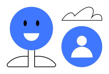 Mutlu ifadeli basit mavi figür, geometrik vücut parçaları, dairesel profil ikonu, soyut bulut. Pozitiflik, kimlik, ağ, iletişim, yaratıcılık toplumu mutluluğu için ideal