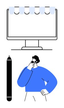 Bilgisayar monitörü, ekranın üstünde güneşlik tasarımı, büyük bir kalem ve düşünceli bir insan. Yaratıcılık, e-ticaret, beyin fırtınası, tasarım, serbest çalışma, üretkenlik dijital planlaması için ideal