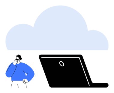 Laptopun yanında büyük bulut şeklinde düşünceli bir adam. Teknoloji, bulut depolama, uzaktan çalışma, yenilik, veri yönetimi, bilişim, dijital dönüşüm temaları için idealdir. Düz basit