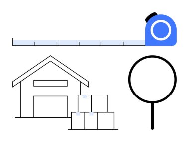 Büyüteç ve mezura odaklı istiflenmiş kutuların yanındaki depo binası. Lojistik, envanter, ölçüm, tedarik zinciri, organizasyon, planlama ve kesinlik için ideal. Düz basit