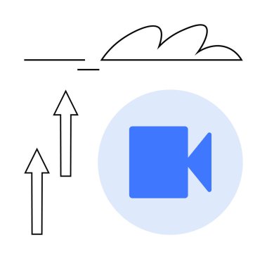 Çemberin içindeki mavi kamera, yukarı bakan oklar, yukarı bakan bulutlar. Bulut bilgisayarı, ortam paylaşımı, video konferansı, içerik oluşturma, akış, dijital depolama için ideal