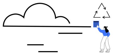 Kadın plastiği büyük bir nötr bulut ile ok sembolünü geri dönüşüm kutusuna koyar. Sürdürülebilirlik, geri dönüşüm, çevre, atık yönetimi, iklim değişikliği, düz basit