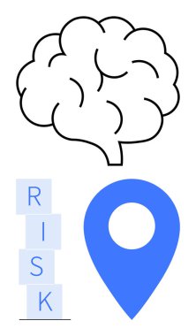 Beyin çizgisi, dizilmiş RISK blokları ve harita pin simgesi. Strateji, planlama, karar verme, risk, navigasyon, problem çözme liderlik soyut çizgisi düz metaforu için ideal