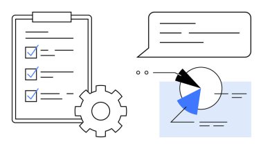 İşaretli ögeleri olan kontrol listesi, ayarları sembolize eden bir dişli, işaretli bölümleri olan pasta grafiği ve konuşma baloncuğu. Üretim, planlama, iş akışı, iletişim, işbirliği stratejisi için ideal