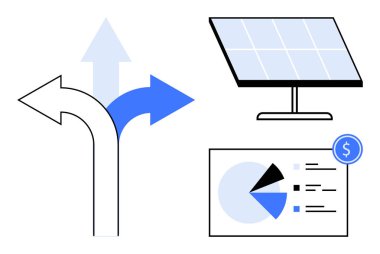 Farklı seçenekleri gösteren eğri oklar, güneş paneli ve haritalı ve dolar işaretli finansal gösterge paneli. Enerji, sürdürülebilirlik, strateji, ekonomi, finans, karar verme yeniliği için ideal