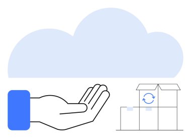 Geri dönüşüm simgesi olan paket kutularının yanında, veriyi veya servis erişilebilirliğini sembolize eden büyük bulut altında elini aç. Bulut teknolojisi, lojistik, geri dönüşüm, veri depolama, sürdürülebilirlik için ideal