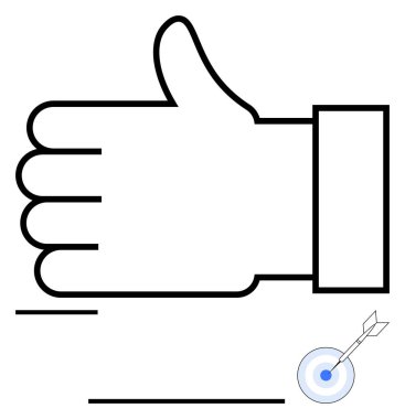 Hedefe ok saplanmış küçük bir hedefin yanında onay ya da başarıyı temsil eden büyük baş parmaklar. Başarı, başarı, doğruluk, pozitiflik, hedefler, takım çalışması için ideal, düz basit