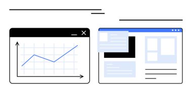 Yukarı doğru eğilimli grafik penceresi ve içerik blokları ve menü içeren web sitesi tasarımı. Veri analizi, web tasarımı, UIUX, büyüme, araştırma, strateji ve düz basit metafor için ideal