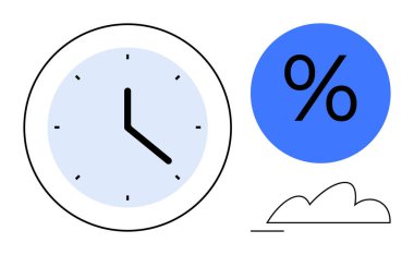 Zamanı temsil eden saat, metrik için yüzde sembolü ve esneklik için bulut. Üretkenlik, iş-yaşam dengesi, hedef izleme, analitik, verimlilik, bulut tabanlı sistemler için ideal basit
