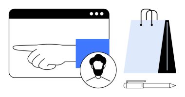 Web gezinme arayüzü, müşteri avatarı, alışveriş çantası ve kalem. E-ticaret, dijital pazarlama, perakende, müşteri hizmetleri, teknoloji kullanıcı etkileşimi için ideal basit