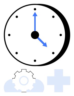 Mavi okları, vitesi ve artı simgesi olan saat zaman yönetimini, verimliliği, verimliliği, işbirliğini, planlamayı, sağlık gelişimini sembolize eder. İş akışı için ideal kariyer büyüme düzeyi