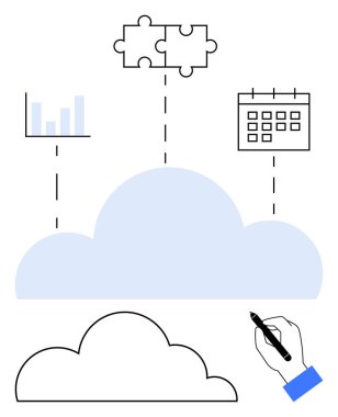 Merkez bulut çubuk çizelgesine, yapboz parçalarına ve elle kalem çizerken takvime bağlanır. Takım çalışması, veri paylaşımı, bulut hesaplama, üretkenlik, planlama analizi işbirliği için ideal. Düz
