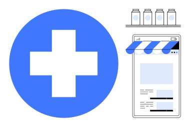 Mavi tıbbi haç, rafta dört ilaç şişesi ve online vitrin. Sağlık, e-ticaret, teletıp, eczacılık hizmetleri, dijital çözümler, online alışveriş dairesi için ideal