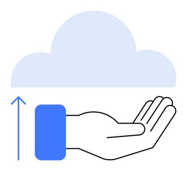 Yukarı doğru ok ile uzanan el, veri yükleme veya aktarmayı işaret ediyor. Teknoloji, depolama, bulut hesaplama, yenilik, paylaşım, dijital bütünleşme, büyüme için idealdir. Düz basit