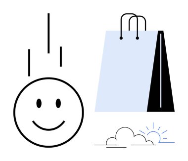 Yukarısında çizgiler olan mutlu bir yüz, yumuşak tonlarda alışveriş torbası, ve minimum güneş ve bulutlar. Perakende satış, pozitiflik, çevre dostu alışveriş, satış, dönüşüm mutluluk yaşam tarzı için idealdir. Düz basit