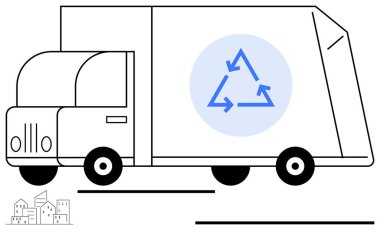 Yan tarafında mavi bir geri dönüşüm sembolü olan geri dönüşüm kamyonu küçük şehir binalarının yanından geçiyor. Sürdürülebilirlik, atık yönetimi, eko-bilinçli yaşam, çevre koruma, kentsel