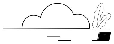 Soyut bulut şekli, asgari bitki ve soyut çizgiler arasında dizüstü bilgisayara bağlanır. Teknoloji için ideal, uzaktan çalışma, çevre, basitlik, dijital dönüşüm, bağlantı, düz basit