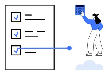 Elinde hesap makinesi olan organize bir kadın ve kalın notlarla kontrol listesine işaret ediyor. Yönetim, üretkenlik, öncelik, görev tamamlama, organizasyon, iş akışı için ideal, düz basit metafor