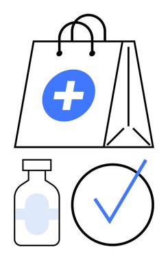 İlaç şişesi, içinde tıbbi haç bulunan alışveriş çantası ve sağlık ürünlerine erişimi gösteren işaretler. Sağlık, e-ticaret, eczane, dağıtım, tıbbi çözümler, alışveriş için ideal