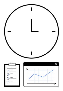 Dakikliği vurgulayan saat, görev planlamasını temsil eden kontrol listesi ve hedef başarısını gösteren performans grafiği. Üretkenlik, zamanlama, proje yönetimi ve planlama için ideal