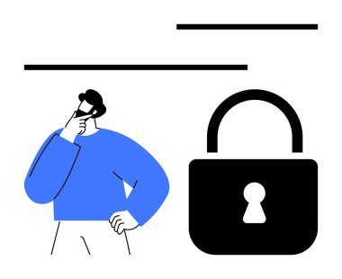 Mavi elbiseli düşünceli biri kalın asma kilidin yanında durup, güvenliği simgeliyor. Gizlilik için ideal, veri koruması, karar verme mekanizması, siber güvenlik, bilgi güvenliği, problem çözme, düz basit