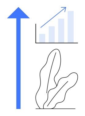 Yukarı doğru mavi ok, yukarı doğru hareket eden çizgi ve soyut bitki ilerlemeyi, gelişmeyi ve sürdürülebilirliği gösteriyor. İş, finans, başarı ekolojisi yenilikçi performans artışı için idealdir. Düz