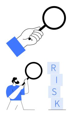 RİSK yazımını engelleyen büyüteç kontrollü el. İnsan yakından izler. Analiz, risk yönetimi, karar verme, değerlendirme, planlama, iş stratejileri, soyut çizgi
