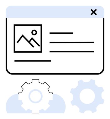 Görüntü tutucu, metin satırları, iki vites ve bulutlu minimalist web sayfası taslağı. Tasarım, web sitesi kurulumu, kullanıcı arayüzü, kodlama geliştirme optimizasyonu ve yenilik için ideal. Temiz daire
