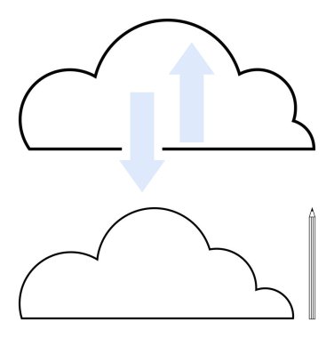 Veri alışverişini gösteren yukarı ve aşağı oklarla bulut ve yanında bir kalem. Teknoloji, yenilik, yaratıcılık, bulut hesaplama, veri yönetimi, eğitim iş akışı için idealdir. Düz