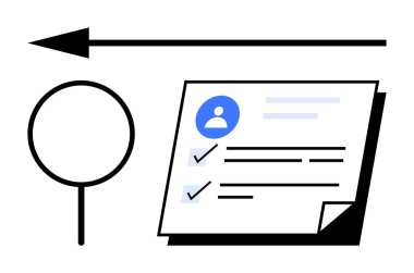 Kullanıcı profili grafiği fotoğraf tutucu, kontrol listesi ve ok sol tarafı gösteren büyüteç içerir. Analiz, inceleme, organizasyon, yön, strateji, tamamlama ve navigasyon için ideal