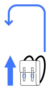 Sırt çantası ve yukarı doğru eğimli mavi yönlü bir çizgi ile eşleştirilmiş bir ok, hareket, seyahat, ilerleme, eğitim, açık hava macerası, büyüme yolculuğunu temsil ediyor. Seyahat ve eğitim için ideal
