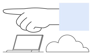 El aşağı doğru dizüstü, bulut ve mavi kare elementin yanında. Teknoloji, yön, seçim, bulut hesaplama, karar verme çevrimiçi öğrenme için ideal. Düz basit metafor