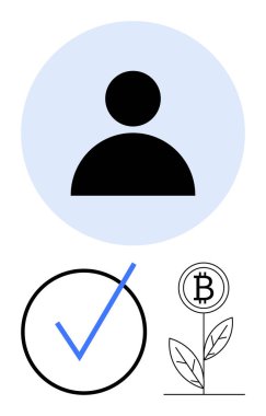 Mavi daireli siyah profil ikonu, mavi işaret ve bitkisel para filizlendirme işareti. Kimlik, onay, kripto para birimi, büyüme, dijital ekonomi blok zinciri yeniliği için ideal. Düz basit