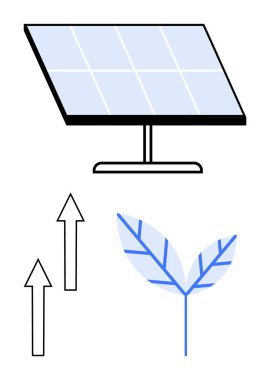 Güneş paneli yukarı doğru iki ok ve stilize bir yaprak ile yenilenebilir enerji, büyüme ve sürdürülebilirliği sembolize ediyor. Enerji, ekoloji, büyüme, çevre, yenilik, temiz enerji ilerlemesi için ideal
