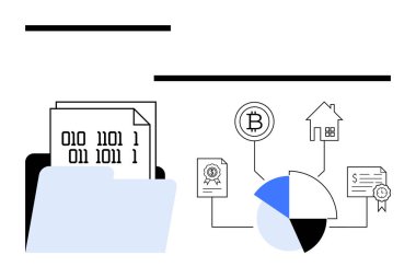 Bir klasörde ikili kod, kripto para birimine engelleme zinciri bağlantıları, ev, sertifika, pasta grafiği. Finans, engelleme zinciri, veri yönetimi teknoloji analizi modern kavramlar için idealdir. Düz