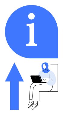 Dizüstü bilgisayarda çalışan bireyler, büyük bilgi ikonu, fikirleri ve büyümeyi gösteren yukarı doğru ok. Eğitim, öğrenme, kariyer geliştirme, rehberlik, yenilikçilik üretkenliğini desteklemek için idealdir. Düz