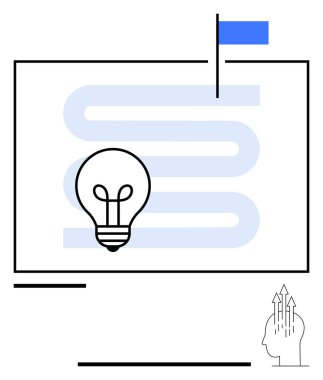 Yenilik, ilerleme ve başarıyı simgeleyen bayrağa giden zigzag yolu olan ampul. Baş silueti ve yukarı doğru oklar. Yaratıcılık, hedef belirleme, strateji, ilham, ilerleme için ideal