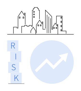Şehir silueti üst üste dizilmiş metin RISK ve büyümeyi simgeleyen bir ok grafiğiyle eşleştirildi. Ekonomi, mali planlama, iş tahminleri, kentsel kalkınma, piyasa stratejisi, yatırım için ideal