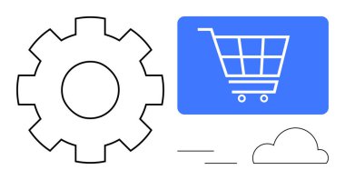 Mavi ekrandaki alışveriş arabasının yanında e-ticaret, ayarlar, bulut depolama, optimizasyon, teknolojik gelişme, çevrimiçi alışveriş ve dijital dönüşümü temsil eden vites. Yenilik için ideal