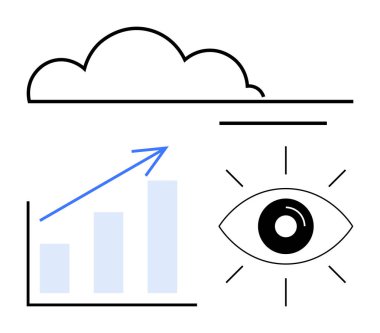 Çubuk çizelgesi yukarı doğru ok, yukarıdaki bulut ve ışınlarla çevrili açık gözle yükseliyor. Büyüme analizi, bulut teknolojisi, vizyon, veri içgörüsü, izleme süreci, iş stratejisi düzlüğü için ideal